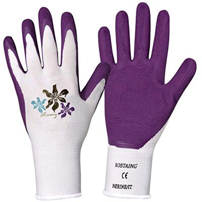 Rostaing NERINE Handschoenen, multifunctionele beschermende handschoenen van latex, ideale bescherming voor doe-het-zelf en tuinieren in vochtige omgevingen, plantenhandschoenen, paars en wit Rostaing NERINE Handschoenen, multifunctionele beschermende handschoenen van latex, ideale bescherming voor doe-het-zelf en tuinieren in vochtige omgevingen, plantenhandschoenen, paars en wit