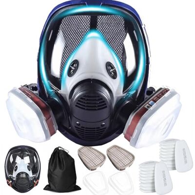 Sosvulix Herbruikbaar volledig beschermend masker Gasmasker Industrieel stofmasker voor spuiten, schuren, schilderen, polijsten Blauw + 20 filterpads van katoen Sosvulix Herbruikbaar volledig beschermend masker Gasmasker Industrieel stofmasker voor spuiten, schuren, schilderen, polijsten Blauw + 20 filterpads van katoen