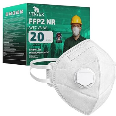 VENTUX SAFETY EQUIPMENT FFP2-masker met ventiel, 20 stuks, FFP2 NR masker, afzonderlijk verpakt, nekelastiek, masker met ventiel, stof- en deeltjesbescherming VENTUX SAFETY EQUIPMENT FFP2-masker met ventiel, 20 stuks, FFP2 NR masker, afzonderlijk verpakt, nekelastiek, masker met ventiel, stof- en deeltjesbescherming