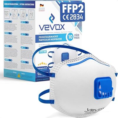 VEVOX ® FFP2 adembeschermingsmasker 10 stuks met Comfort Plus afdichting FFP2 stofmasker met ventiel voor de meest betrouwbare bescherming VEVOX ® FFP2 adembeschermingsmasker 10 stuks met Comfort Plus afdichting FFP2 stofmasker met ventiel voor de meest betrouwbare bescherming