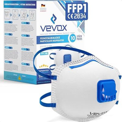 VEVOX ® FFP1 adembeschermingsmasker 10 stuks met Comfort Plus afdichting FFP1 stofmasker met ventiel voor de meest betrouwbare bescherming VEVOX ® FFP1 adembeschermingsmasker 10 stuks met Comfort Plus afdichting FFP1 stofmasker met ventiel voor de meest betrouwbare bescherming