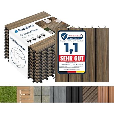 Floordirekt WPC-tegels, 30 x 30 cm, 1 m² = 11 terrastegels, kliktegels, houtlook, vloerbedekking voor balkon en terras, weerbestendig met drainagefunctie, mix teak Floordirekt WPC-tegels, 30 x 30 cm, 1 m² = 11 terrastegels, kliktegels, houtlook, vloerbedekking voor balkon en terras, weerbestendig met drainagefunctie, mix teak