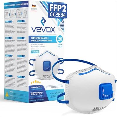 VEVOX ® FFP2 adembeschermingsmasker 20 stuks met Comfort Plus afdichting FFP2 stofmasker met ventiel voor de meest betrouwbare bescherming VEVOX ® FFP2 adembeschermingsmasker 20 stuks met Comfort Plus afdichting FFP2 stofmasker met ventiel voor de meest betrouwbare bescherming