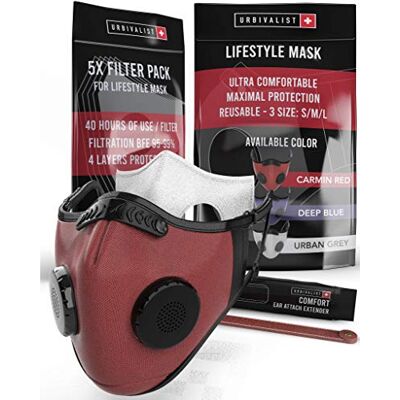 Urbivalist Gezichtsmasker met ademventiel en filter, herbruikbaar, ademend, anti-vervuiling, wasbaar, met filters, mannen/vrouwen, essentieel pakket, rood, maat L Urbivalist Gezichtsmasker met ademventiel en filter, herbruikbaar, ademend, anti-vervuiling, wasbaar, met filters, mannen/vrouwen, essentieel pakket, rood, maat L