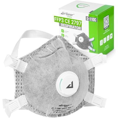 AirGearPro D-110C FFP3 Masker met ventiel, stofmasker, adembeschermingsmasker, stofmasker, ademhalingsbescherming tegen fijn stof, schimmel AirGearPro D-110C FFP3 Masker met ventiel, stofmasker, adembeschermingsmasker, stofmasker, ademhalingsbescherming tegen fijn stof, schimmel