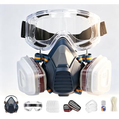 CERKAKITCH Ademmasker met veiligheidsbril, 10 verwisselbare filters, gas, chemicaliën, epoxyhars, doe-het-zelf, met katoenen filter, veiligheidsbril, handschoenen (RM59) CERKAKITCH Ademmasker met veiligheidsbril, 10 verwisselbare filters, gas, chemicaliën, epoxyhars, doe-het-zelf, met katoenen filter, veiligheidsbril, handschoenen (RM59)