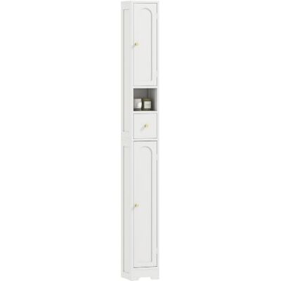 HOMCOM Keukenkast voor badkamer, smal, 20 x 20 x 185 cm, wit 2 gebogen deuren, lade, open vak, verstelbare plank, voor toilet, kleine ruimtes HOMCOM Keukenkast voor badkamer, smal, 20 x 20 x 185 cm, wit 2 gebogen deuren, lade, open vak, verstelbare plank, voor toilet, kleine ruimtes