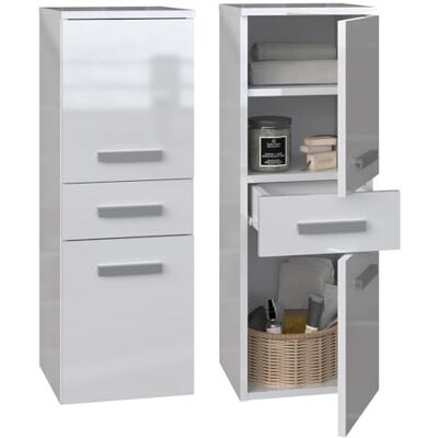 CDF Hoge badkamerkast NEL V DDS Kleur: wit glanzend Modern badkamerrek Opbergkast Ruime planken Deuren Eenvoudige montage Elegante handgrepen CDF Hoge badkamerkast NEL V DDS Kleur: wit glanzend Modern badkamerrek Opbergkast Ruime planken Deuren Eenvoudige montage Elegante handgrepen