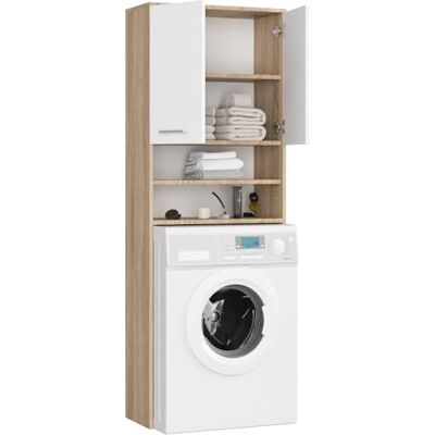 BDW Hoge kast voor wasmachine, 180 x 64 x 30 cm, badkamermeubel, plank, Sonoma eiken/wit BDW Hoge kast voor wasmachine, 180 x 64 x 30 cm, badkamermeubel, plank, Sonoma eiken/wit