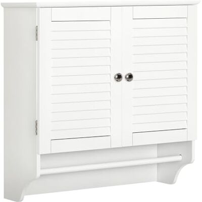 kleankin Wandkast voor badkamer, kast met 2 lamellen met plank, handdoekhouder, wit hout kleankin Wandkast voor badkamer, kast met 2 lamellen met plank, handdoekhouder, wit hout