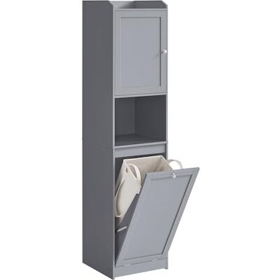 VASAGLE Badkamermeubel, wasmand, hoge opbergkast, uitneembare binnentas met handgrepen, vak met deur, 40 x 40 x 170 cm, duifgrijs, BBC761G02 VASAGLE Badkamermeubel, wasmand, hoge opbergkast, uitneembare binnentas met handgrepen, vak met deur, 40 x 40 x 170 cm, duifgrijs, BBC761G02