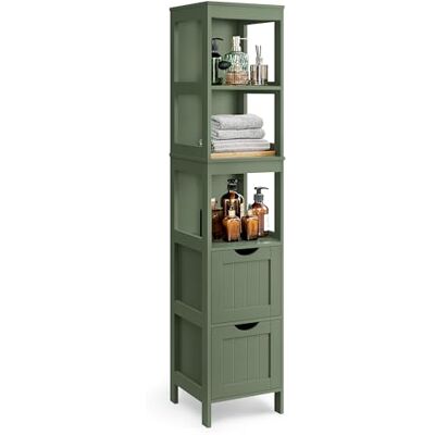 VASAGLE Badkamerkast vrijstaand met 2 laden, open planken, voor badkamer, woonkamer, keuken, modern, 30 x 30 x 141,5 cm, bosgroen BBC066C01 VASAGLE Badkamerkast vrijstaand met 2 laden, open planken, voor badkamer, woonkamer, keuken, modern, 30 x 30 x 141,5 cm, bosgroen BBC066C01