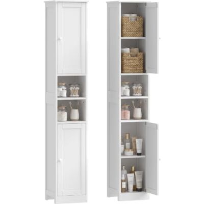 HOMCOM Badkamermeubel, hoog, 2 deuren, voor woonkamer, 30 x 30 x 170 cm Opbergkast, badkamerzuil, 2 open vakken, verstelbare plank, moderne stijl, voor slaapkamer HOMCOM Badkamermeubel, hoog, 2 deuren, voor woonkamer, 30 x 30 x 170 cm Opbergkast, badkamerzuil, 2 open vakken, verstelbare plank, moderne stijl, voor slaapkamer