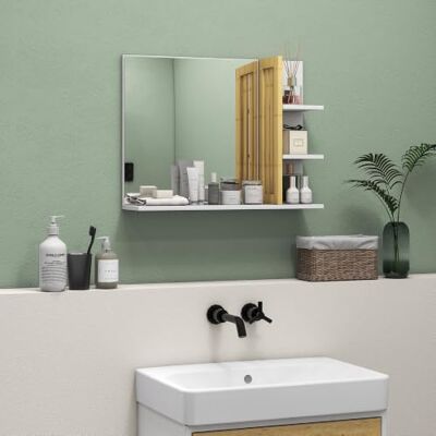 HOMCOM Wandspiegel voor badkamer, 45 x 15 x 58,5 cm, wit 3 zijplanken, 1 onderste plank, bamboehout HOMCOM Wandspiegel voor badkamer, 45 x 15 x 58,5 cm, wit 3 zijplanken, 1 onderste plank, bamboehout