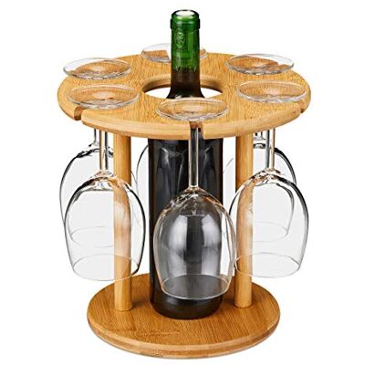 Relaxdays Bamboe wijnglashouder voor 6 glazen, rond, diameter 25 cm, barcadeau, met wijnfleshouder, natuur, 1 stuk Relaxdays Bamboe wijnglashouder voor 6 glazen, rond, diameter 25 cm, barcadeau, met wijnfleshouder, natuur, 1 stuk