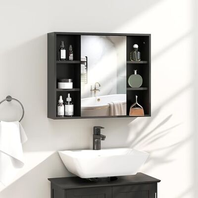 HOMCOM Wandkast, badkamerkast met spiegel, badkamerspiegel met opbergruimte, deurkast en 6 open vakken, 60 x 14,5 x 49,4 cm, zwart HOMCOM Wandkast, badkamerkast met spiegel, badkamerspiegel met opbergruimte, deurkast en 6 open vakken, 60 x 14,5 x 49,4 cm, zwart