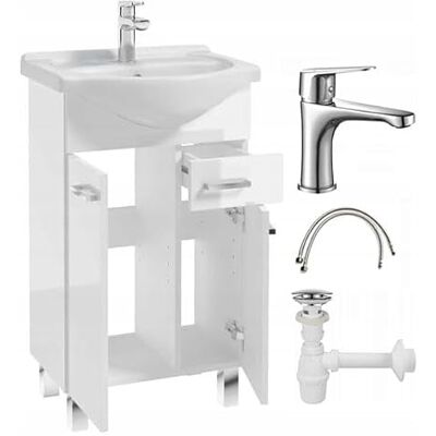 Deftrans DomoDomo Badkamermeubel met wastafel 50 cm, wit glanzend, verchroomde kraan, click-clak-afvoergarnituur en sifon Deftrans DomoDomo Badkamermeubel met wastafel 50 cm, wit glanzend, verchroomde kraan, click-clak-afvoergarnituur en sifon
