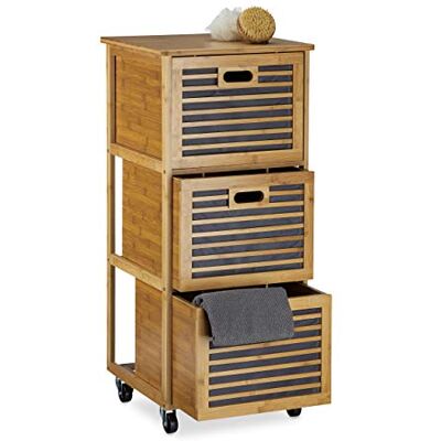 Relaxdays Rolkast met 3 laden plank bamboe opbergzuil badkamer H x B x D: 92 x 41 x 41 cm kast accessoires douche houten handdoeken met wielen, natuur Relaxdays Rolkast met 3 laden plank bamboe opbergzuil badkamer H x B x D: 92 x 41 x 41 cm kast accessoires douche houten handdoeken met wielen, natuur