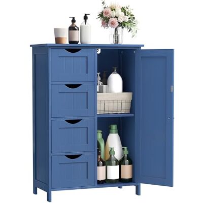 VASAGLE Badkamermeubel, smalle badkamerkast, organizer, commode, met 4 laden, deur, verstelbare plank, 30 x 55 x 82 cm, portblauw LHC041QE02 VASAGLE Badkamermeubel, smalle badkamerkast, organizer, commode, met 4 laden, deur, verstelbare plank, 30 x 55 x 82 cm, portblauw LHC041QE02