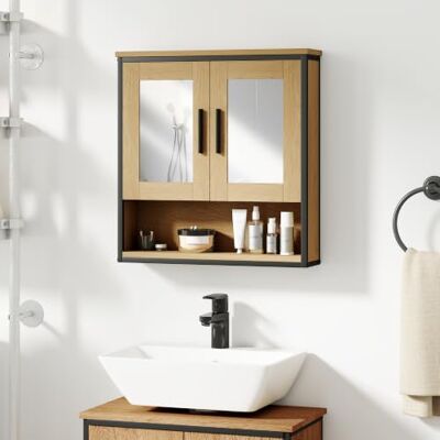 HOMCOM Wandkast voor badkamer, met spiegel, eiken, verstelbaar rek Badkamermeubel, toiletkast, open vak HOMCOM Wandkast voor badkamer, met spiegel, eiken, verstelbaar rek Badkamermeubel, toiletkast, open vak