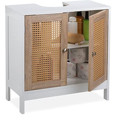 Relaxdays Wastafelonderkast 60 cm breed, 2 vakken, uitsparing voor sifon, rotandeuren, badkamermeubel, wit/naturel Relaxdays Wastafelonderkast 60 cm breed, 2 vakken, uitsparing voor sifon, rotandeuren, badkamermeubel, wit/naturel