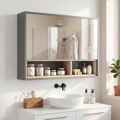HOMCOM Wandkast, badkamerkast met spiegel, hangkast, badkamerspiegel met opbergruimte, kasten met 3 deuren en 8 vakken, afmetingen: 80 x 20 x 60 cm, grijs HOMCOM Wandkast, badkamerkast met spiegel, hangkast, badkamerspiegel met opbergruimte, kasten met 3 deuren en 8 vakken, afmetingen: 80 x 20 x 60 cm, grijs
