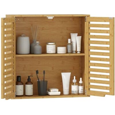 HOMCOM Badkamerwandkast, opbergkast met 2 vakken en verstelbare plank, bamboe badkamerkast voor toilet, keuken, 60 x 20 x 60 cm, natuurlijk houteffect HOMCOM Badkamerwandkast, opbergkast met 2 vakken en verstelbare plank, bamboe badkamerkast voor toilet, keuken, 60 x 20 x 60 cm, natuurlijk houteffect