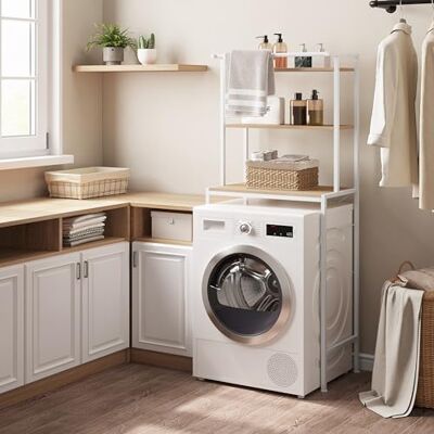 EUGAD Wasmachinerek, wc-rek voor boven de wasmachine, toiletkast, 3 planken, handdoekhouder, hout afgeleid metaal, 67 x 162 x 40 cm, wit EUGAD Wasmachinerek, wc-rek voor boven de wasmachine, toiletkast, 3 planken, handdoekhouder, hout afgeleid metaal, 67 x 162 x 40 cm, wit