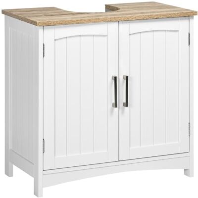 kleankin Badkamermeubel onder wastafel, 60 x 33 x 60 cm, wit en natuurlijk Wastafelonderkast, dubbele deuren, verstelbaar rek kleankin Badkamermeubel onder wastafel, 60 x 33 x 60 cm, wit en natuurlijk Wastafelonderkast, dubbele deuren, verstelbaar rek