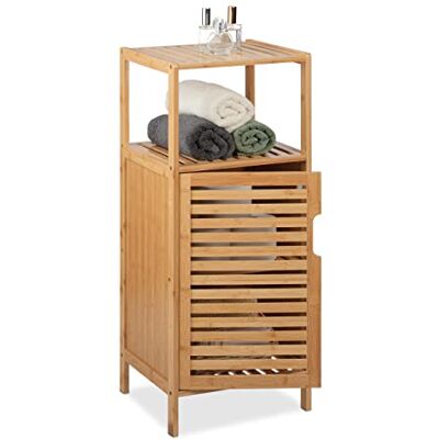Relaxdays Badkamermeubel van bamboe, 87 x 36,5 x 33 cm, smal rek met deur, 2 open planken, badkamerkast, naturel Relaxdays Badkamermeubel van bamboe, 87 x 36,5 x 33 cm, smal rek met deur, 2 open planken, badkamerkast, naturel