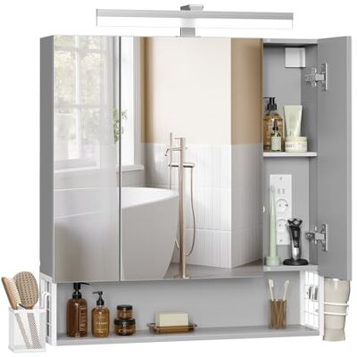 VASAGLE Badkamermeubel met ledverlichting, 16,5 x 70 x 75 cm, stekkerdoos, hangmand, houder voor haardroger, voor badkamer, wastafel, wolkenwit en duifgrijs BBK126G01 VASAGLE Badkamermeubel met ledverlichting, 16,5 x 70 x 75 cm, stekkerdoos, hangmand, houder voor haardroger, voor badkamer, wastafel, wolkenwit en duifgrijs BBK126G01