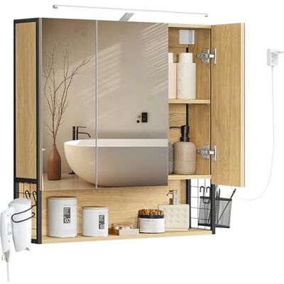 VASAGLE Badkamerkast met spiegel, verlichting, 14,5 x 70 x 70 cm, stekker, hangmand, haardrogerhouder VASAGLE Badkamerkast met spiegel, verlichting, 14,5 x 70 x 70 cm, stekker, hangmand, haardrogerhouder