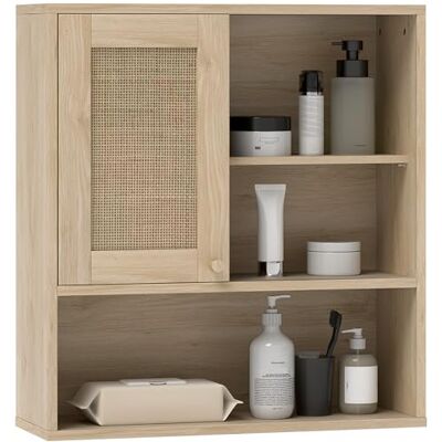 HOMCOM Hoge wandkast voor badkamer, met rotanschuifdeur en open planken, boho-stijl, hangkast, 60 x 20 x 65 cm, natuurlijk hout HOMCOM Hoge wandkast voor badkamer, met rotanschuifdeur en open planken, boho-stijl, hangkast, 60 x 20 x 65 cm, natuurlijk hout