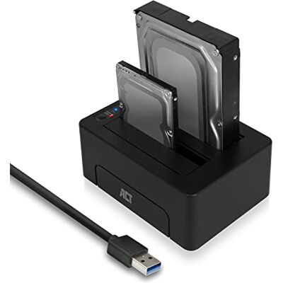 ACT Dual HDD docking station, USB 3.0 HDD 2,5 inch / 3,5 inch SATA harde schijf docking station, ondersteunt offline klonen, back-upfunctie AC1504 ACT Dual HDD docking station, USB 3.0 HDD 2,5 inch / 3,5 inch SATA harde schijf docking station, ondersteunt offline klonen, back-upfunctie AC1504