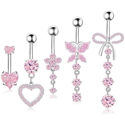 ZHITENG Navelpiercing van chirurgisch staal, navelpiercing, navelpiercing, belly button ring, lengte staaflengte 10 mm, vlindervorm, bloem en hart, 5 stuks ZHITENG Navelpiercing van chirurgisch staal, navelpiercing, navelpiercing, belly button ring, lengte staaflengte 10 mm, vlindervorm, bloem en hart, 5 stuks