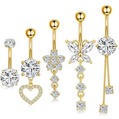 ZHITENG Navelpiercing van chirurgisch staal, navelpiercing, navelpiercing, belly button ring, lengte staaflengte 10 mm, vlindervorm, bloem en hart, 5 stuks ZHITENG Navelpiercing van chirurgisch staal, navelpiercing, navelpiercing, belly button ring, lengte staaflengte 10 mm, vlindervorm, bloem en hart, 5 stuks