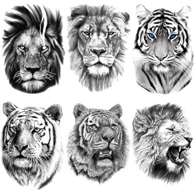 AIBAOBAO 6 vellen tijdelijke tatoeages, leeuw, tijger, dieren, zelfklevend, 3D-stickers, leeuw, tijger, tatoeages, stickers voor mannen en vrouwen, waterdicht, zwart, pijnloos, valse tatoeages AIBAOBAO 6 vellen tijdelijke tatoeages, leeuw, tijger, dieren, zelfklevend, 3D-stickers, leeuw, tijger, tatoeages, stickers voor mannen en vrouwen, waterdicht, zwart, pijnloos, valse tatoeages