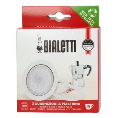Bialetti Reserveonderdelen, inclusief 3 afdichtingen en 1 plaat, compatibel met Moka Express 9 kopjes en Dama Bialetti Reserveonderdelen, inclusief 3 afdichtingen en 1 plaat, compatibel met Moka Express 9 kopjes en Dama