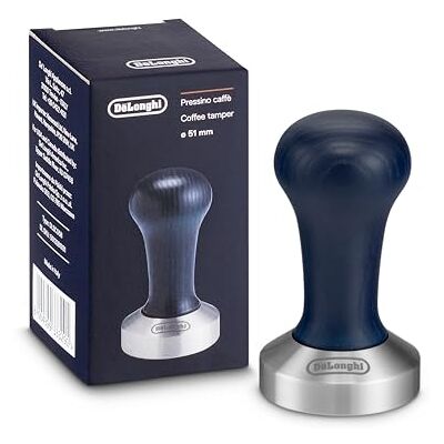 De'Longhi DLSC058 Kaffee-Tamper aus Edelstahl mit Holzgriff, blau/silber De'Longhi DLSC058 Kaffee-Tamper aus Edelstahl mit Holzgriff, blau/silber