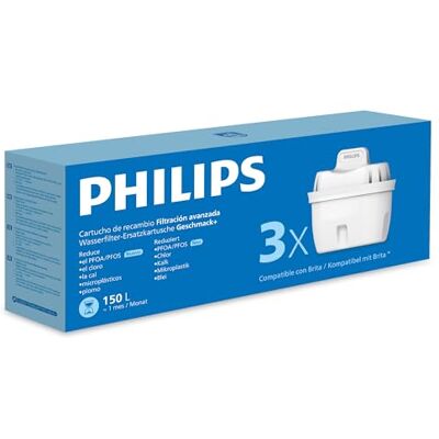 Philips Water waterfilterpatronen, 3 stuks, compatibel met Brita, verminderd microplastic, chloor, kalksteen, openingsmetaal Philips Water waterfilterpatronen, 3 stuks, compatibel met Brita, verminderd microplastic, chloor, kalksteen, openingsmetaal