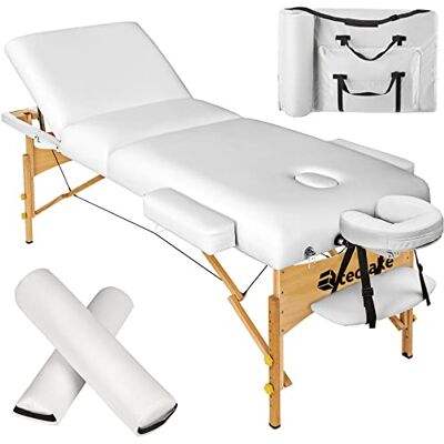 tectake Massagetafel, inklapbaar, met 3 zones, 7,5 cm bekleding, belastbaar tot 250 kg, inclusief accessoiretas, massagerol, massagerol, mobiele massagestandaard, wit tectake Massagetafel, inklapbaar, met 3 zones, 7,5 cm bekleding, belastbaar tot 250 kg, inclusief accessoiretas, massagerol, massagerol, mobiele massagestandaard, wit