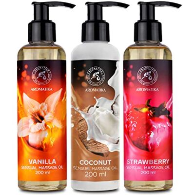 Trust Sensuele massageolie vanille – kokosnoot – aardbei – set van 3 x 200 ml – natuurlijke mix van druivenpitten en amandelen voor dames en heren – lichaamsverzorging – zachte textuur – zachte huid en Trust Sensuele massageolie vanille – kokosnoot – aardbei – set van 3 x 200 ml – natuurlijke mix van druivenpitten en amandelen voor dames en heren – lichaamsverzorging – zachte textuur – zachte huid en