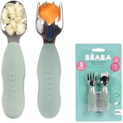 Béaba BEABA, set van 2 voorlepels van roestvrij staal en siliconen, babybestek, kinderbestek, vanaf 10 maanden, ergonomische vorm, ergonomische handgreep, babybestek, saliegroen Béaba BEABA, set van 2 voorlepels van roestvrij staal en siliconen, babybestek, kinderbestek, vanaf 10 maanden, ergonomische vorm, ergonomische handgreep, babybestek, saliegroen