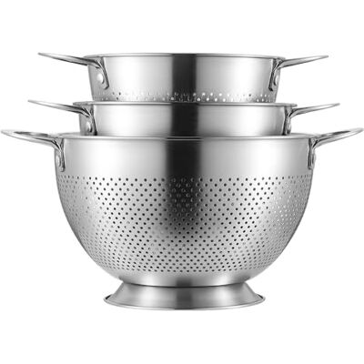XIAOMIANYANG 3 stuks roestvrijstalen vergiet met handvat en ronde basis, stapelbaar voor pasta, spaghetti, groenten, fruit en rijst (1,5 l, 2 l) XIAOMIANYANG 3 stuks roestvrijstalen vergiet met handvat en ronde basis, stapelbaar voor pasta, spaghetti, groenten, fruit en rijst (1,5 l, 2 l)