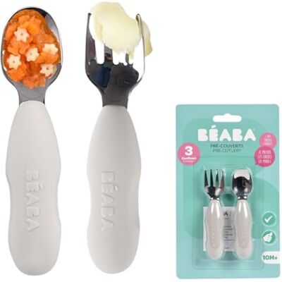 Béaba BEABA, set van 2 voorlepels van roestvrij staal en siliconen, babybestek, kinderbestek, vanaf 10 maanden, ergonomische vorm, ergonomische handgreep, babybestek, fluweelgrijs Béaba BEABA, set van 2 voorlepels van roestvrij staal en siliconen, babybestek, kinderbestek, vanaf 10 maanden, ergonomische vorm, ergonomische handgreep, babybestek, fluweelgrijs