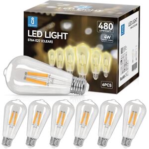 Aigostar Ledlamp E27, warm wit, 2700 K, 480 lm, 4 W, komt overeen met 41 W gloeilamp, Edison ledlamp ST64, niet dimbaar, 6 stuks Aigostar Ledlamp E27, warm wit, 2700 K, 480 lm, 4 W, komt overeen met 41 W gloeilamp, Edison ledlamp ST64, niet dimbaar, 6 stuks