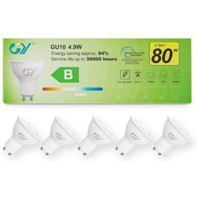 GY Ledlampen, GU10, 4,9 W, komt overeen met 80 W, 790 lm, 6500 K, koud wit, stralingshoek 120 graden, GU10-ledlamp, energie-efficiëntie, niet dimbaar, 5 stuks GY Ledlampen, GU10, 4,9 W, komt overeen met 80 W, 790 lm, 6500 K, koud wit, stralingshoek 120 graden, GU10-ledlamp, energie-efficiëntie, niet dimbaar, 5 stuks