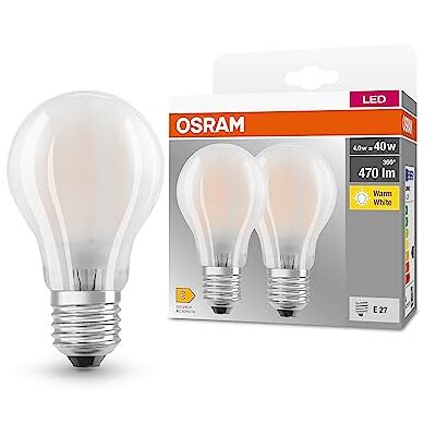 OSRAM Base Classic A GLFR 40 ledlamp met E27-basis, klassieke zuigervorm, dubbele eenheden, 4 W, 470 lm, 2700 K, warm wit licht, lage warmteontwikkeling, lange levensduur OSRAM Base Classic A GLFR 40 ledlamp met E27-basis, klassieke zuigervorm, dubbele eenheden, 4 W, 470 lm, 2700 K, warm wit licht, lage warmteontwikkeling, lange levensduur