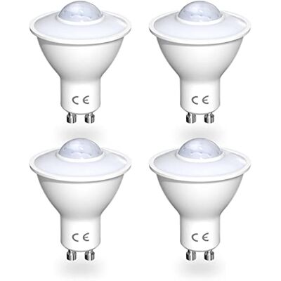 Luxvista Set van 4 GU10 5W ledlampen met bewegingsmelder, 3000 K warm licht, komt overeen met een 50 W gloeilamp, PIR infrarood detectielamp automatisch aan/uit Luxvista Set van 4 GU10 5W ledlampen met bewegingsmelder, 3000 K warm licht, komt overeen met een 50 W gloeilamp, PIR infrarood detectielamp automatisch aan/uit