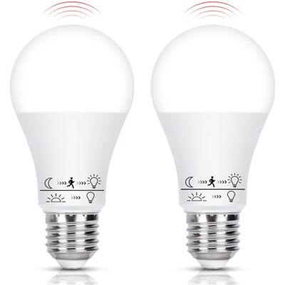 Aigostar Lamp met bewegingsmelder, E27, A60, 12 W, komt overeen met 81 W, koud wit 6500 K, 1170 lm, voor hal, garage, trappen, balkon, niet dimbaar, 2 stuks Aigostar Lamp met bewegingsmelder, E27, A60, 12 W, komt overeen met 81 W, koud wit 6500 K, 1170 lm, voor hal, garage, trappen, balkon, niet dimbaar, 2 stuks